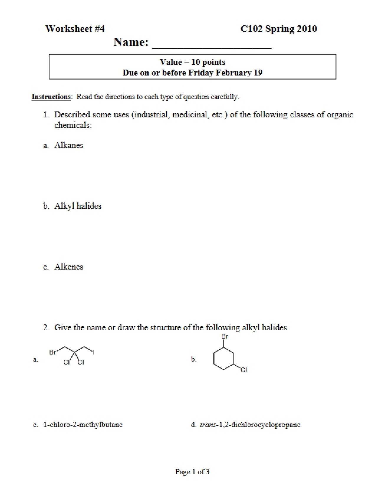 Worksheet Four for Chemistry 102