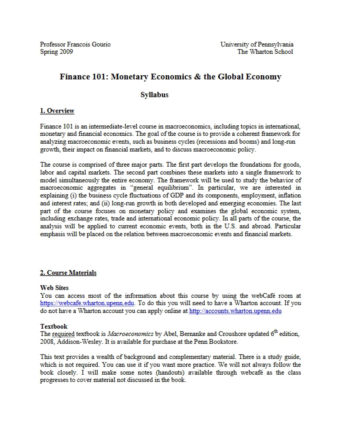 Monetary Economics and Global Economy Syllabus