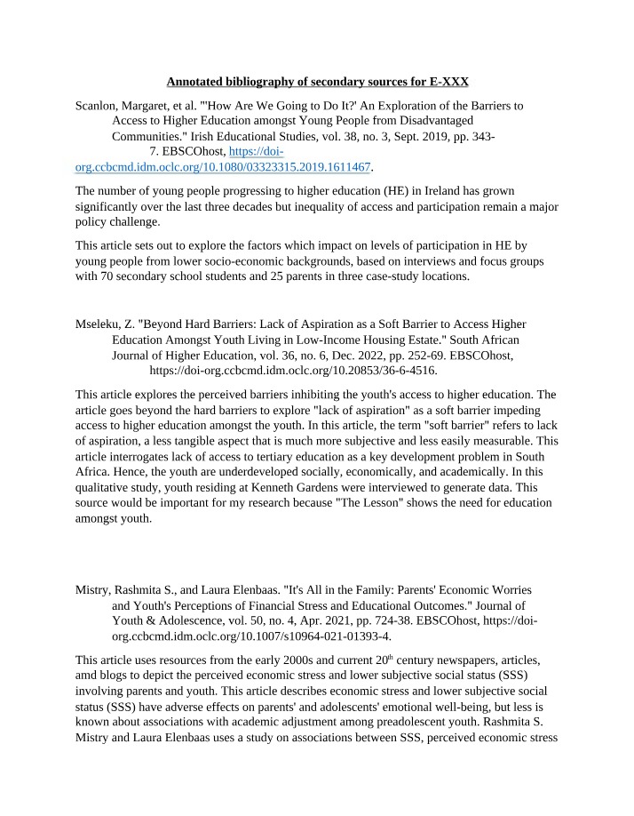Annotated Bibliography of Secondary Sources - E-XXX