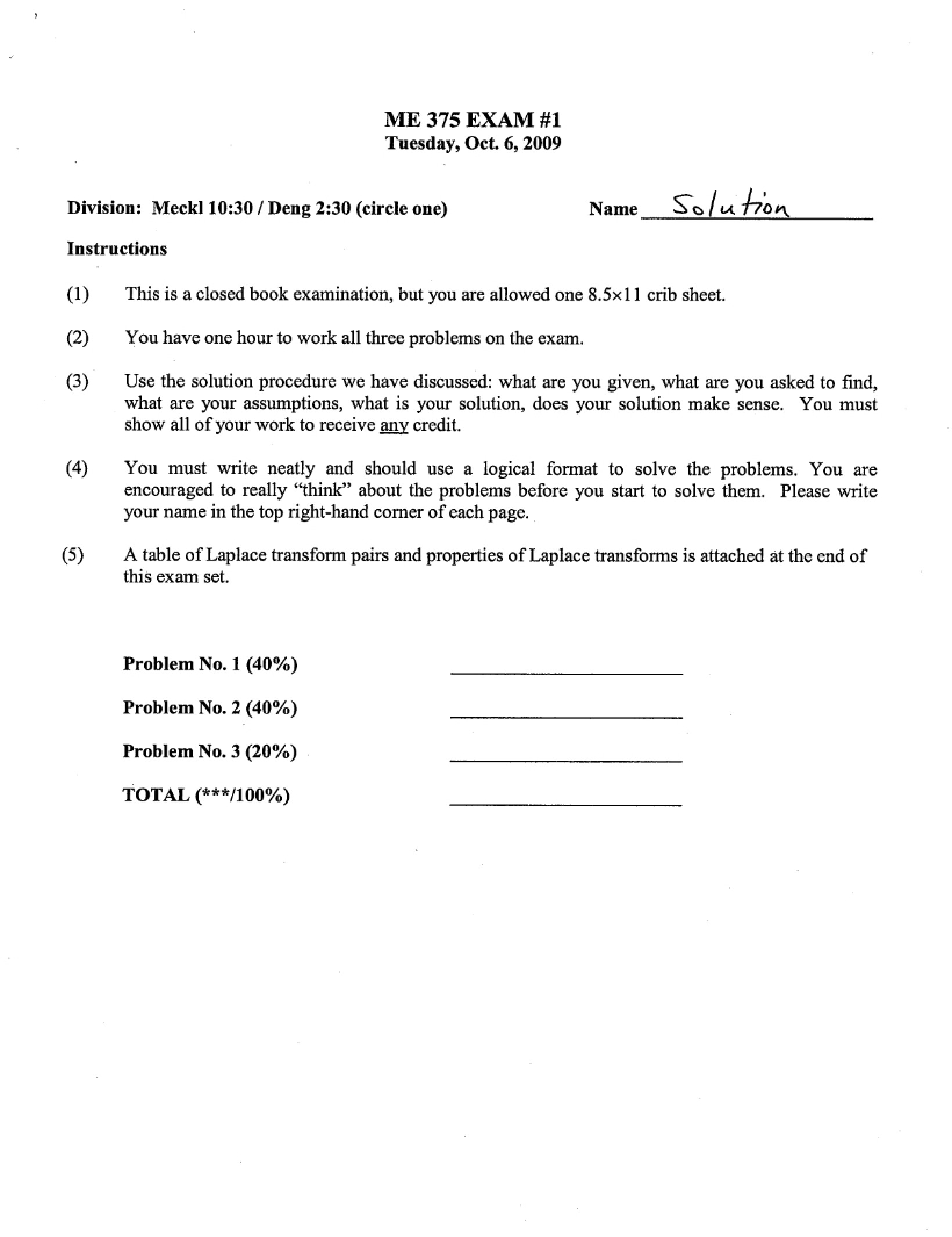 Exam One (Fall 2009)