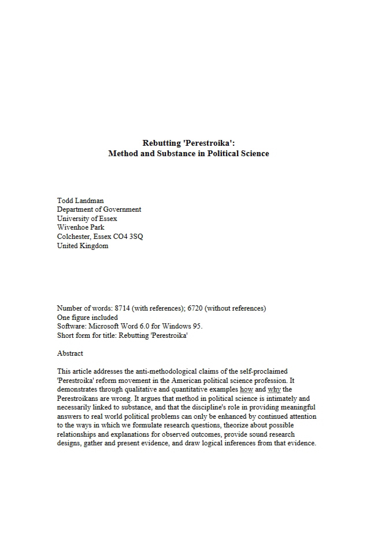 Political Science Method and Substance Perestroika Rebuttal