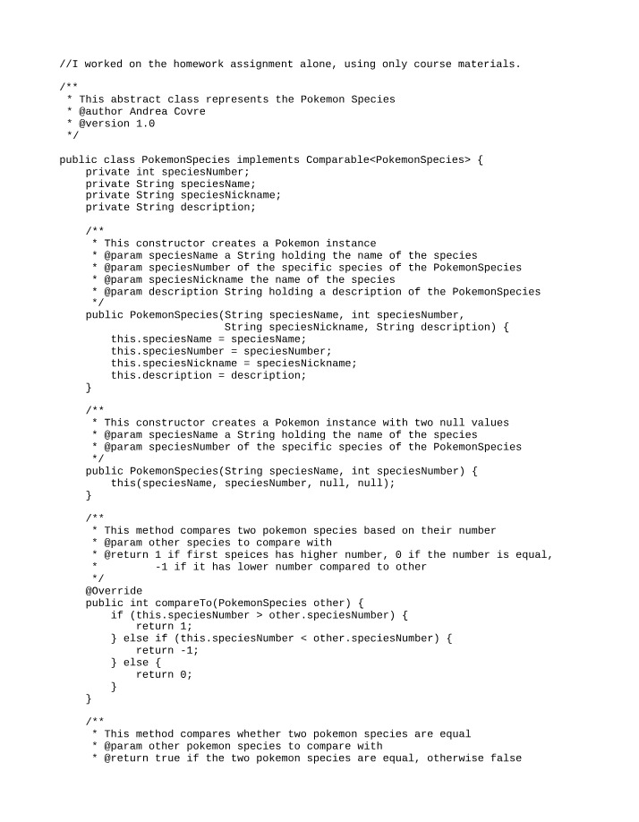 Methods, Constructors, and Comparisons in PokemonSpecies Class