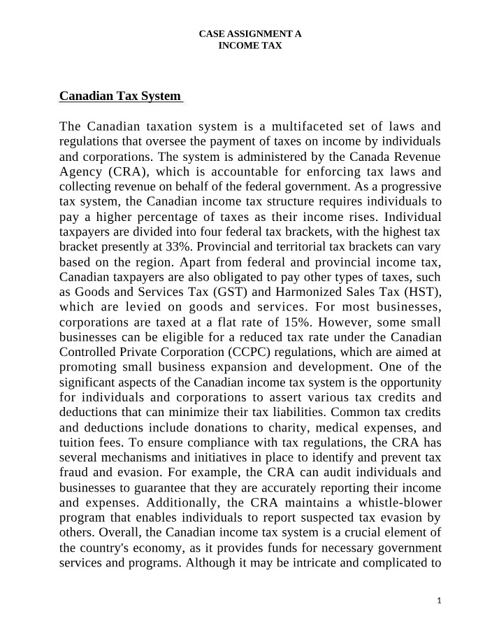 Canadian Tax System and Income Tax Laws