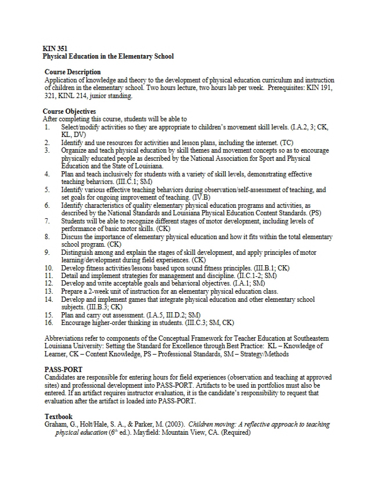 Syllabus for a Physical Education in the Elementary School Course