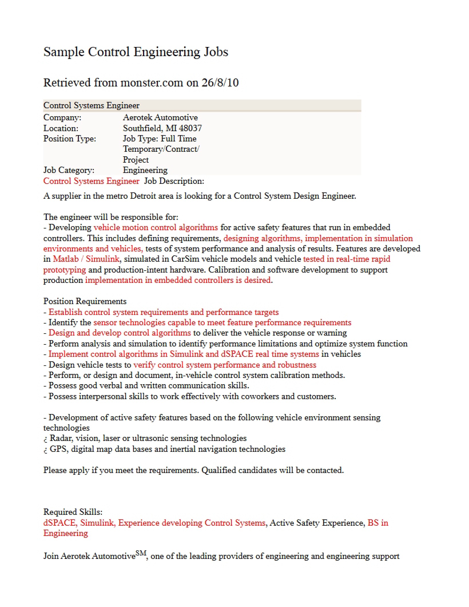 Control Engineering Job Samples