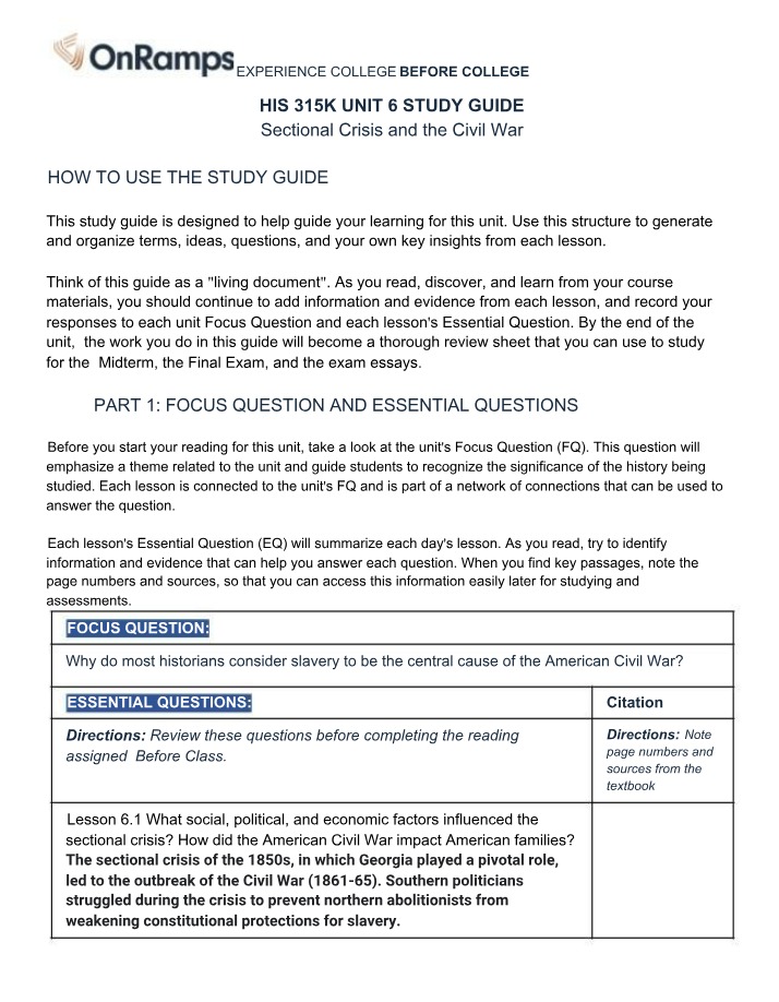 Study Guide on Sectional Crisis and Civil War Impact