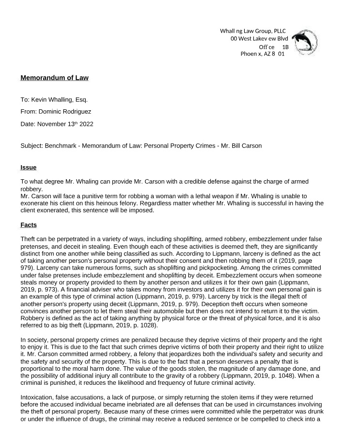 Memorandum of Law - Personal Property Crimes (Bill Carson)