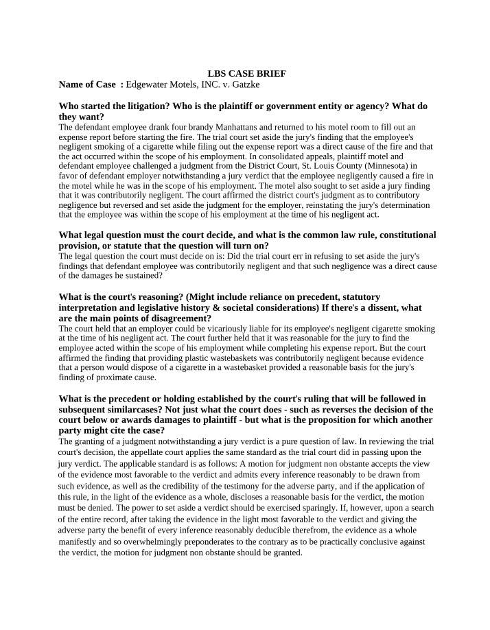 Vicarious Liability - Negligent Employee Smoking at Edgewater