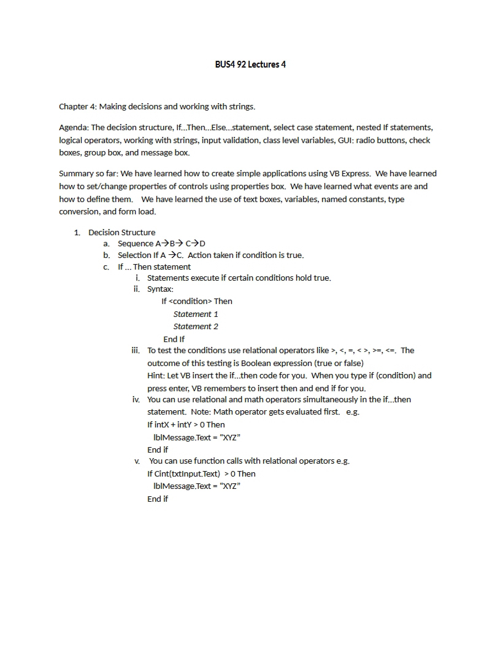 Business Programming Lecture 4