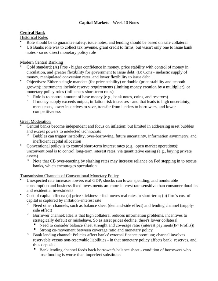 Week 10 Notes - Capital Markets