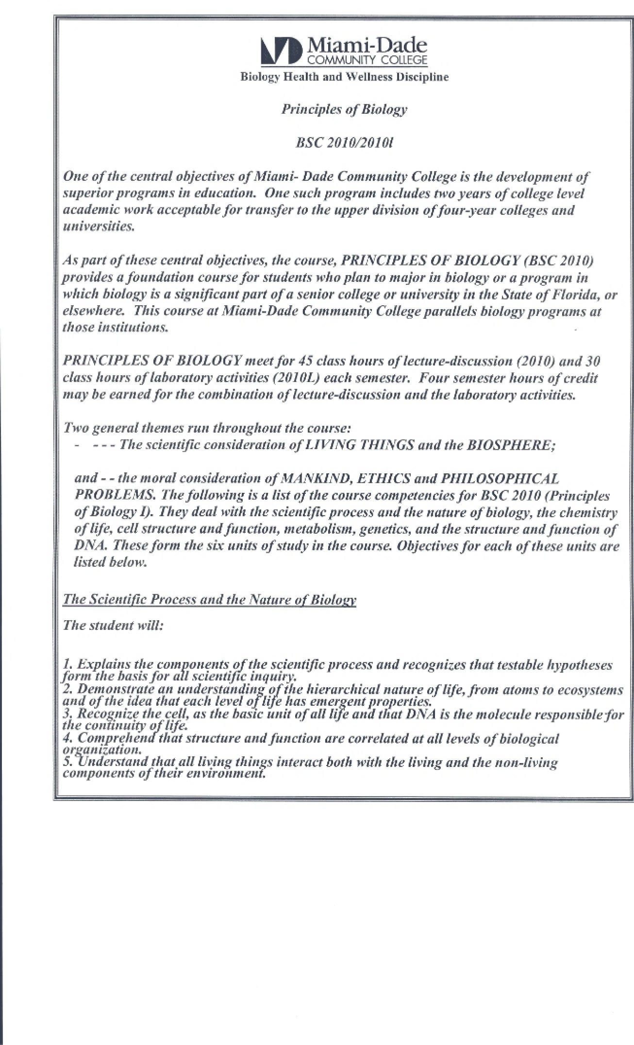 Competencies for Principles of Biology 1