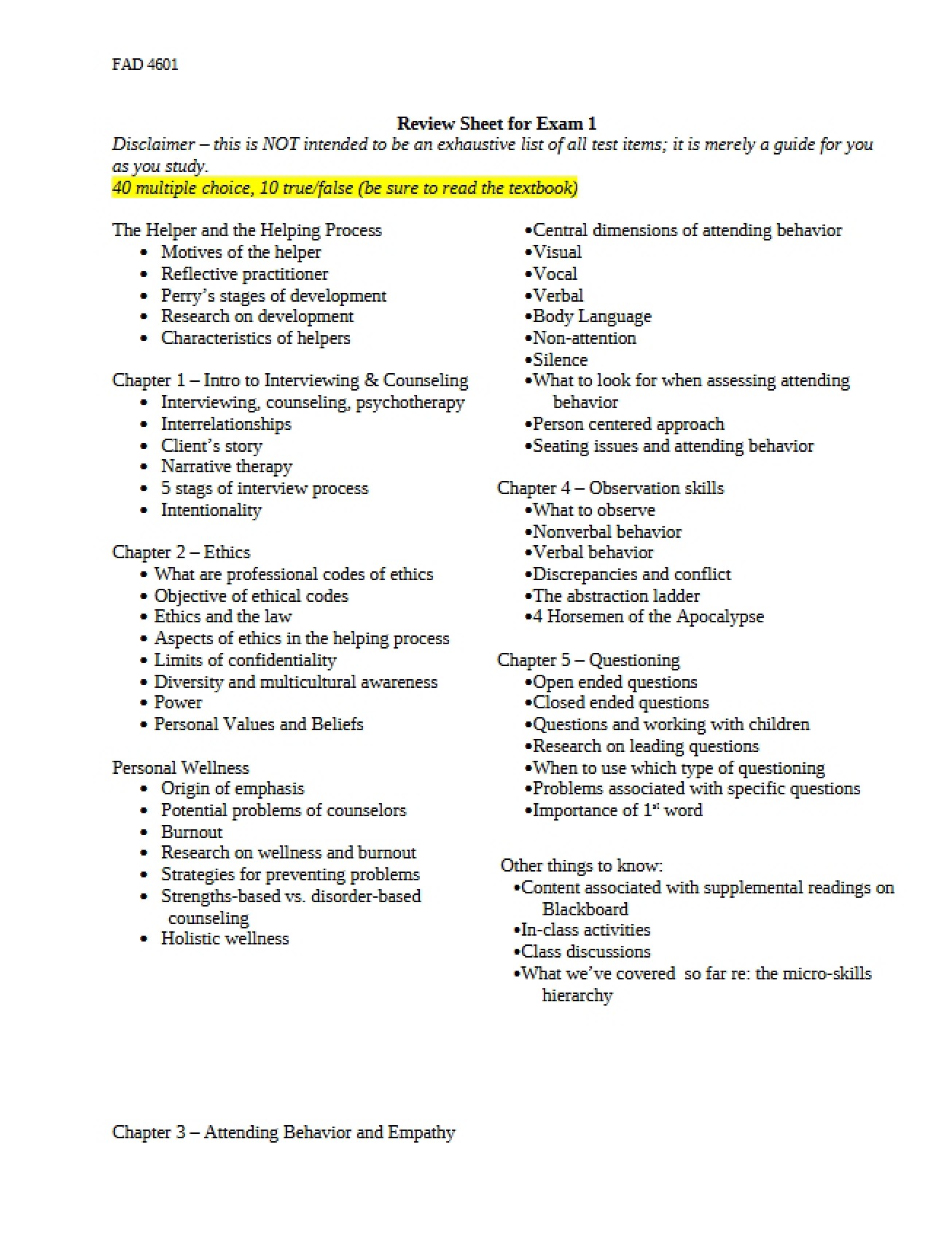 Exam One Review Sheet for Counseling