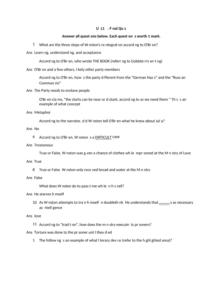 Winston's Reintegration and the Party's Objectives - Final Quiz