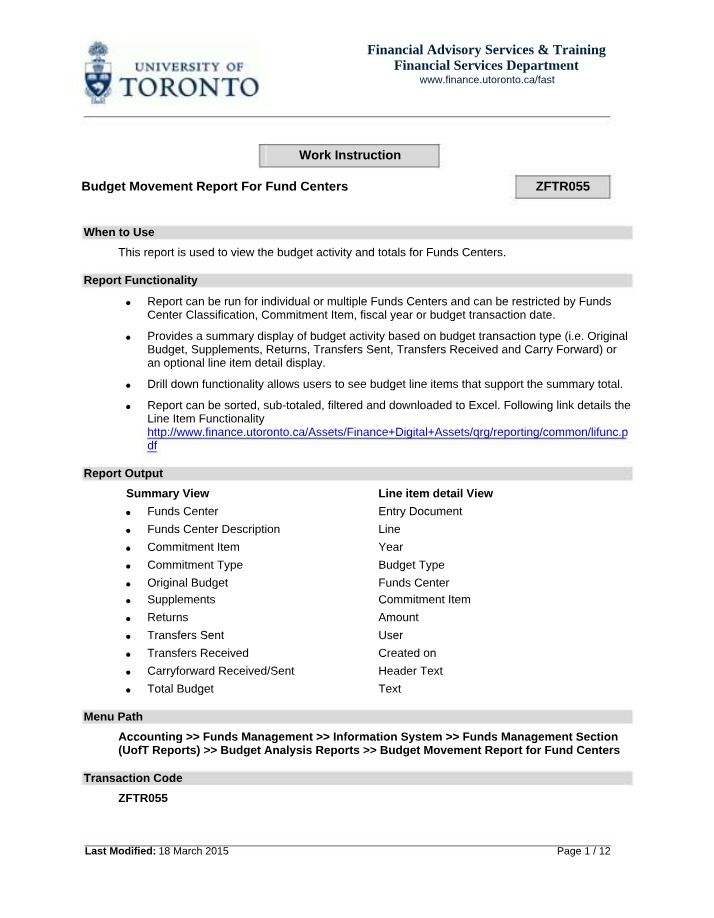 Report on Budget Movement