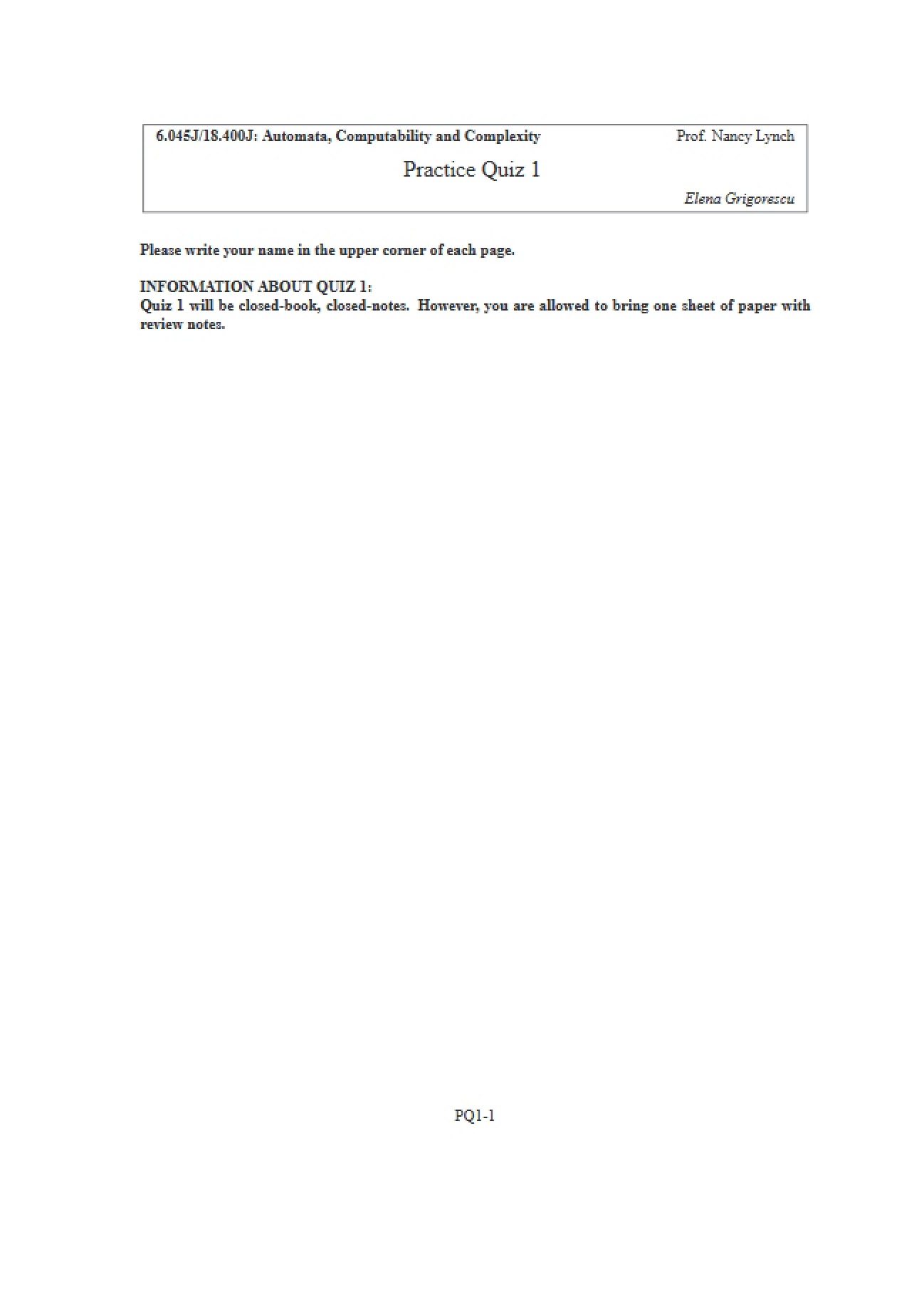 Mock Quiz One