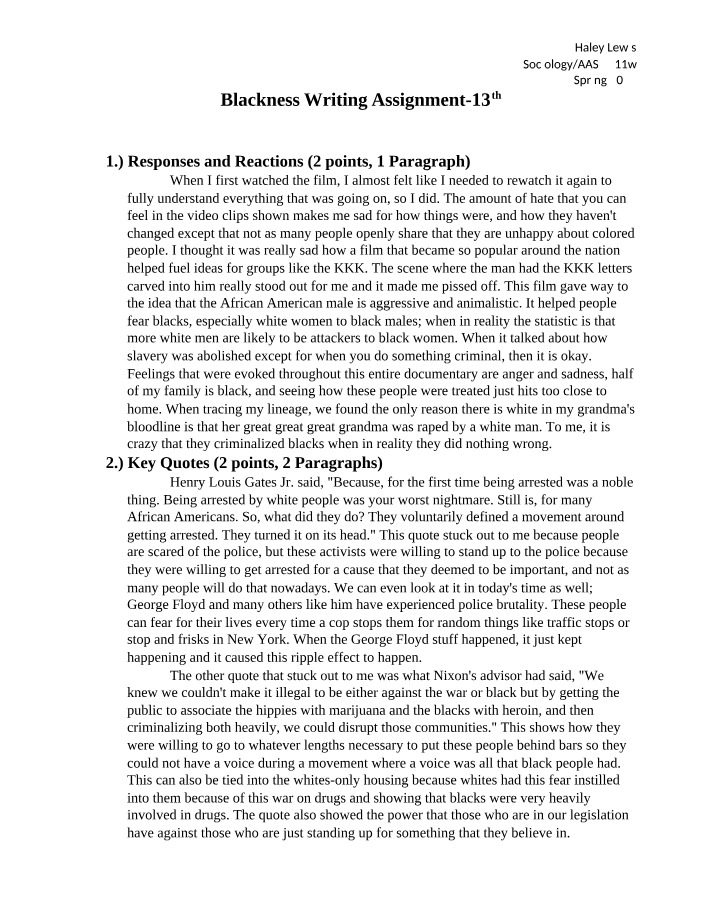 13th - Blackness Writing Assignment