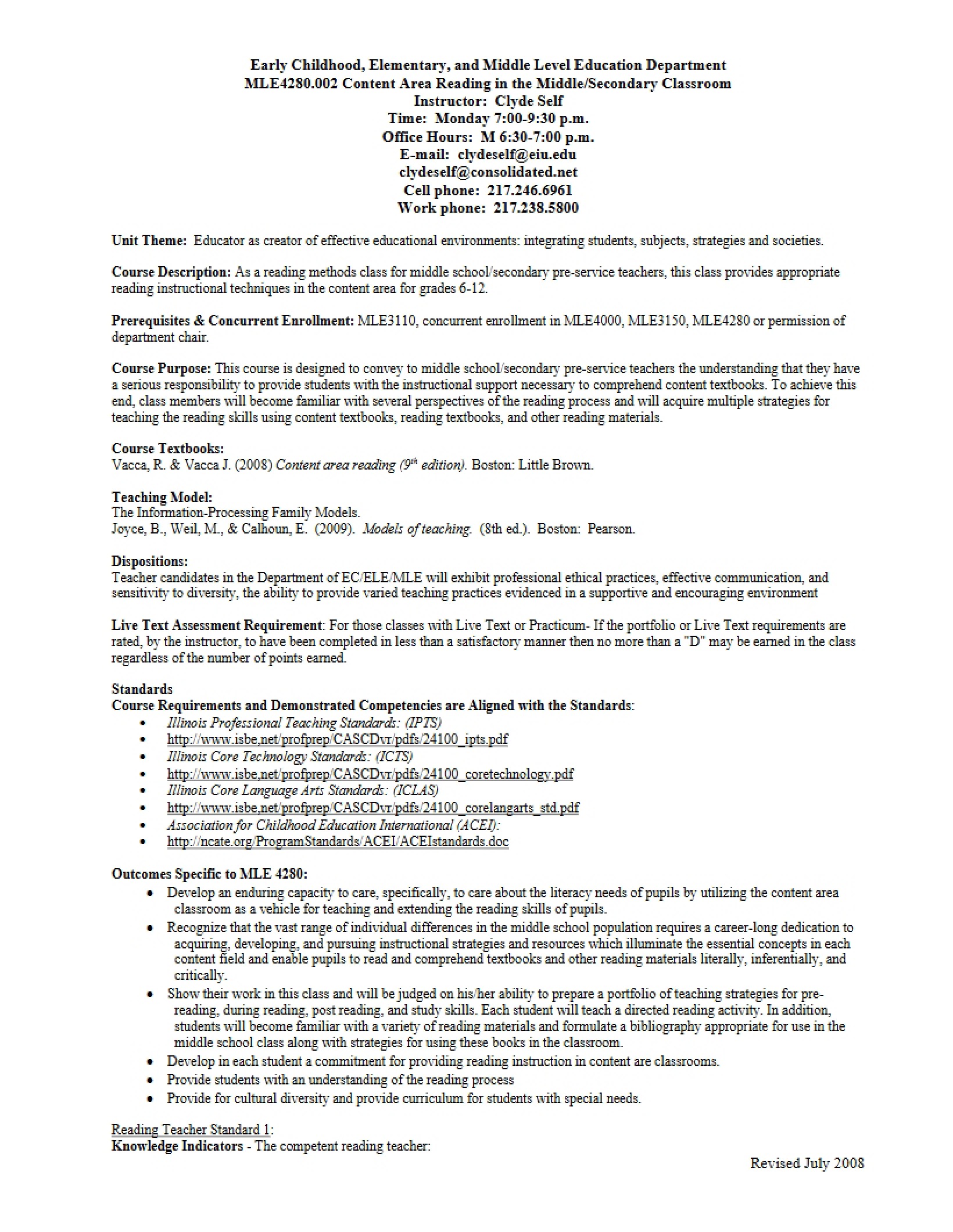Self Syllabus for Content Area Reading