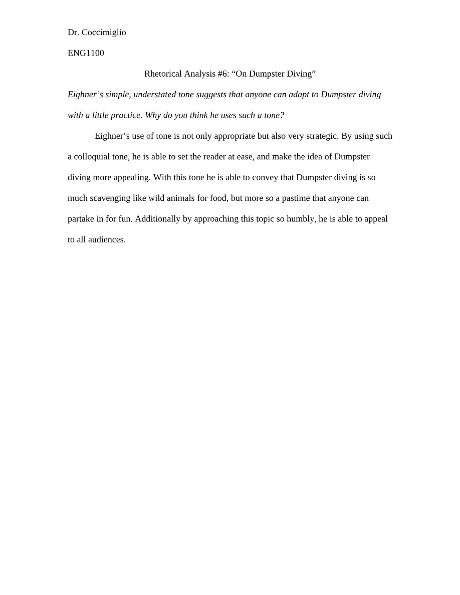 Rhetorical Analysis 6 for On Dumpster Diving
