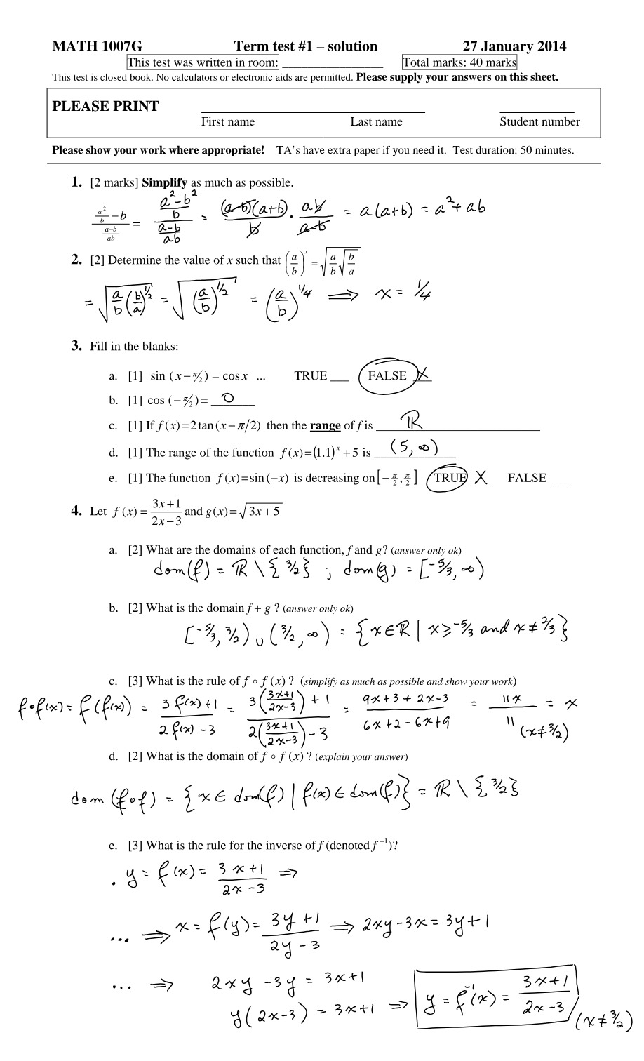 Term Test 1 Solution - MATH 1007G