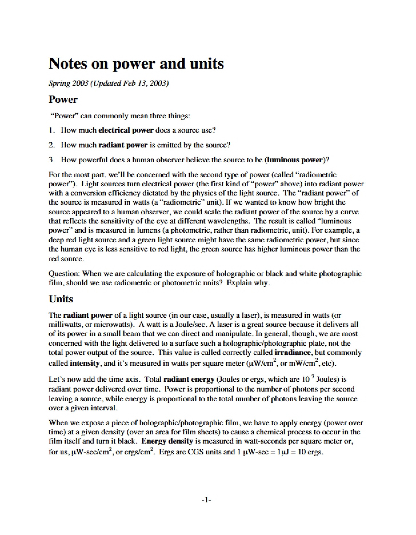 Power and Units Reference