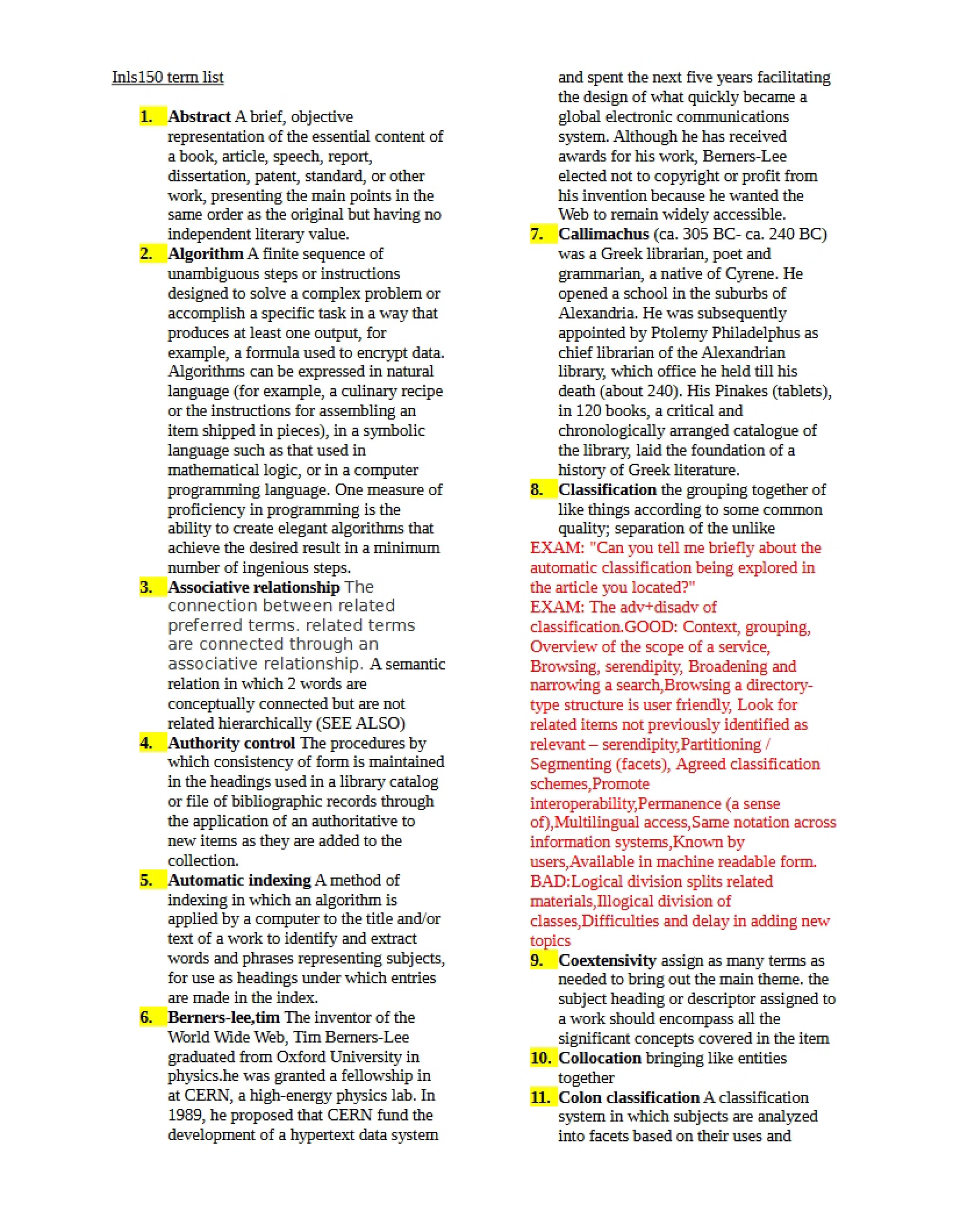 Terminology List for Information Organization