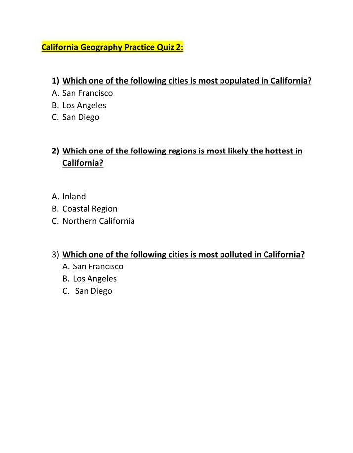Cities, Regions, and Pollution - California Geography Practice Quiz 2