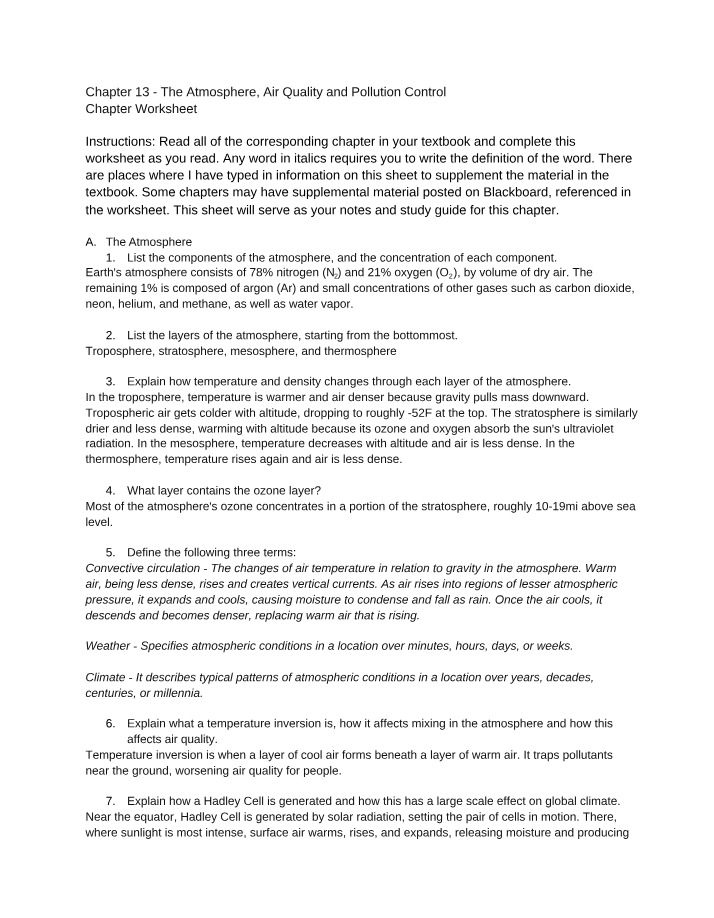 Atmosphere, Air Quality, and Pollution Control - Chapter 13 Worksheet