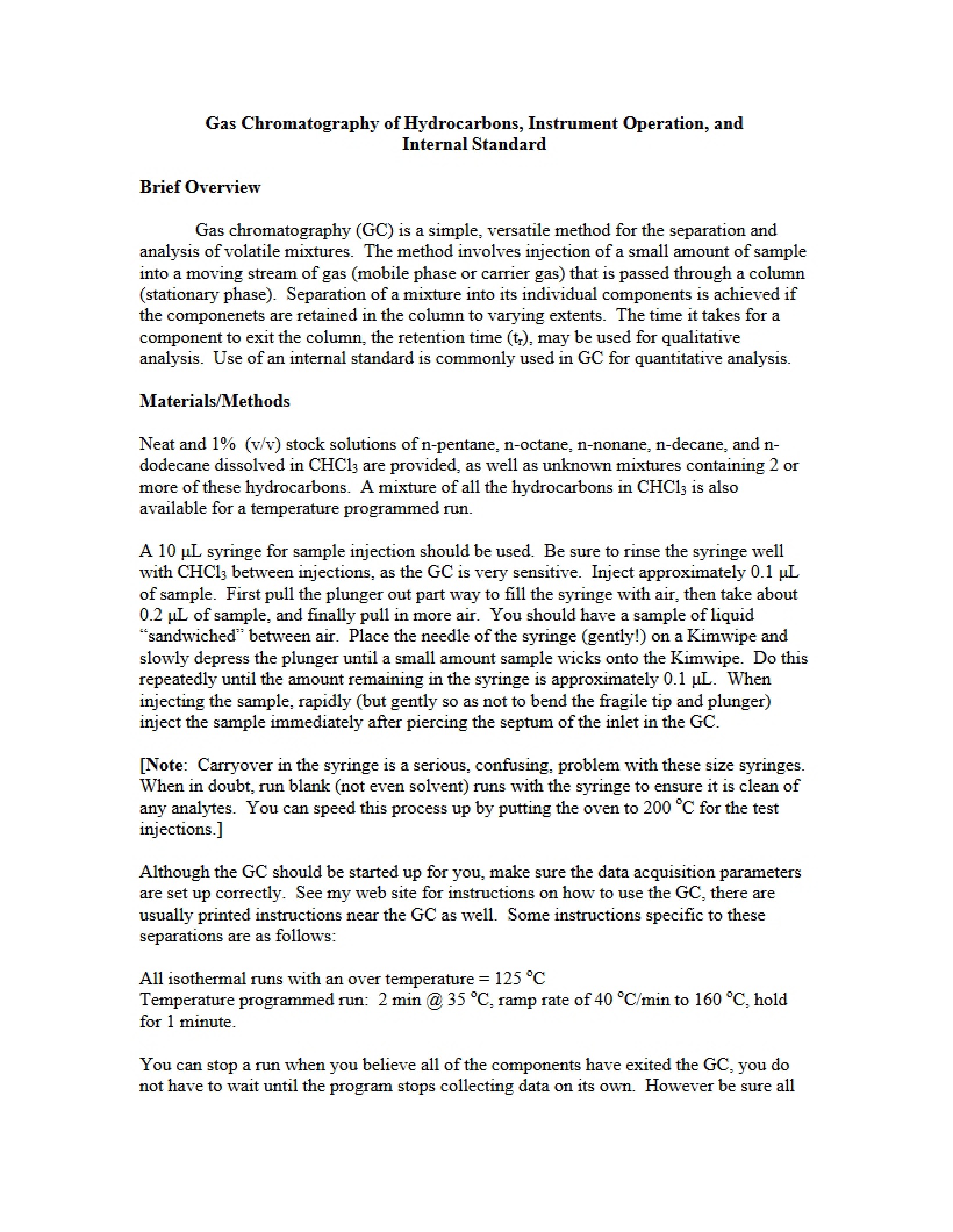 Internal Standards and Instrument Operation in Hydrocarbon Gas Chromatography