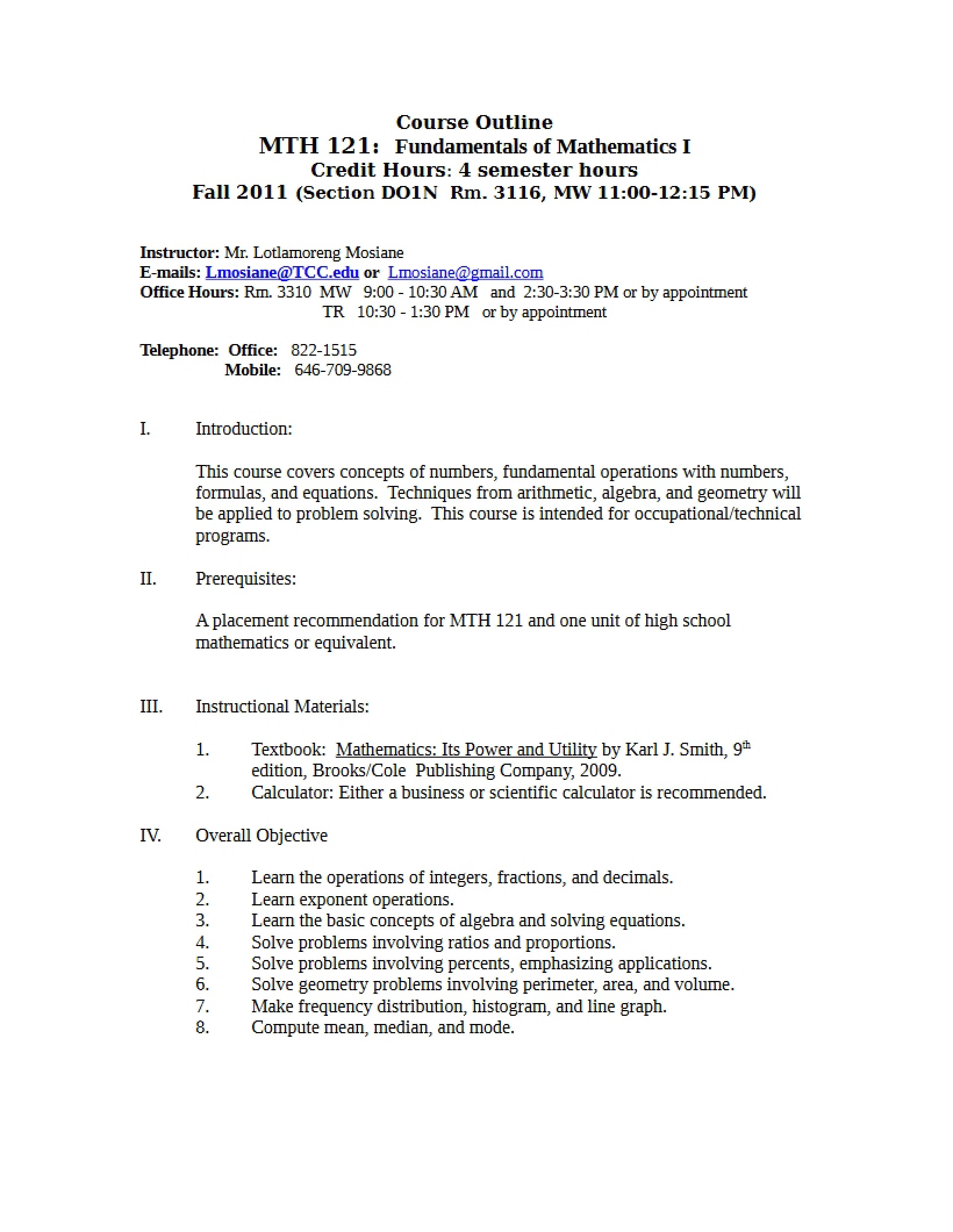 Fundamentals of Math I Syllabus