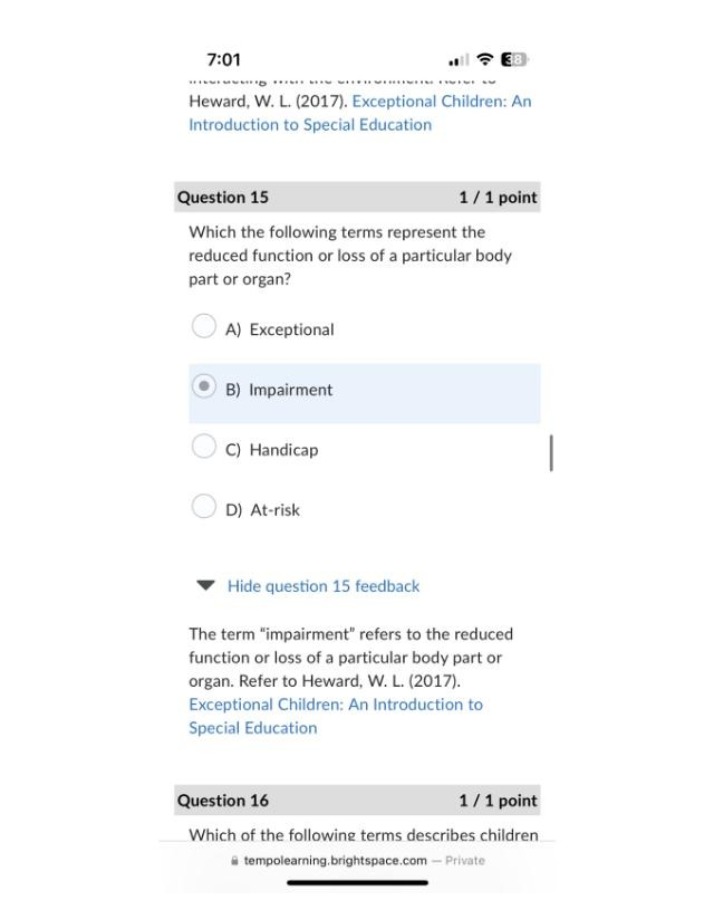 Quiz - Introduction to Special Education for Exceptional Children