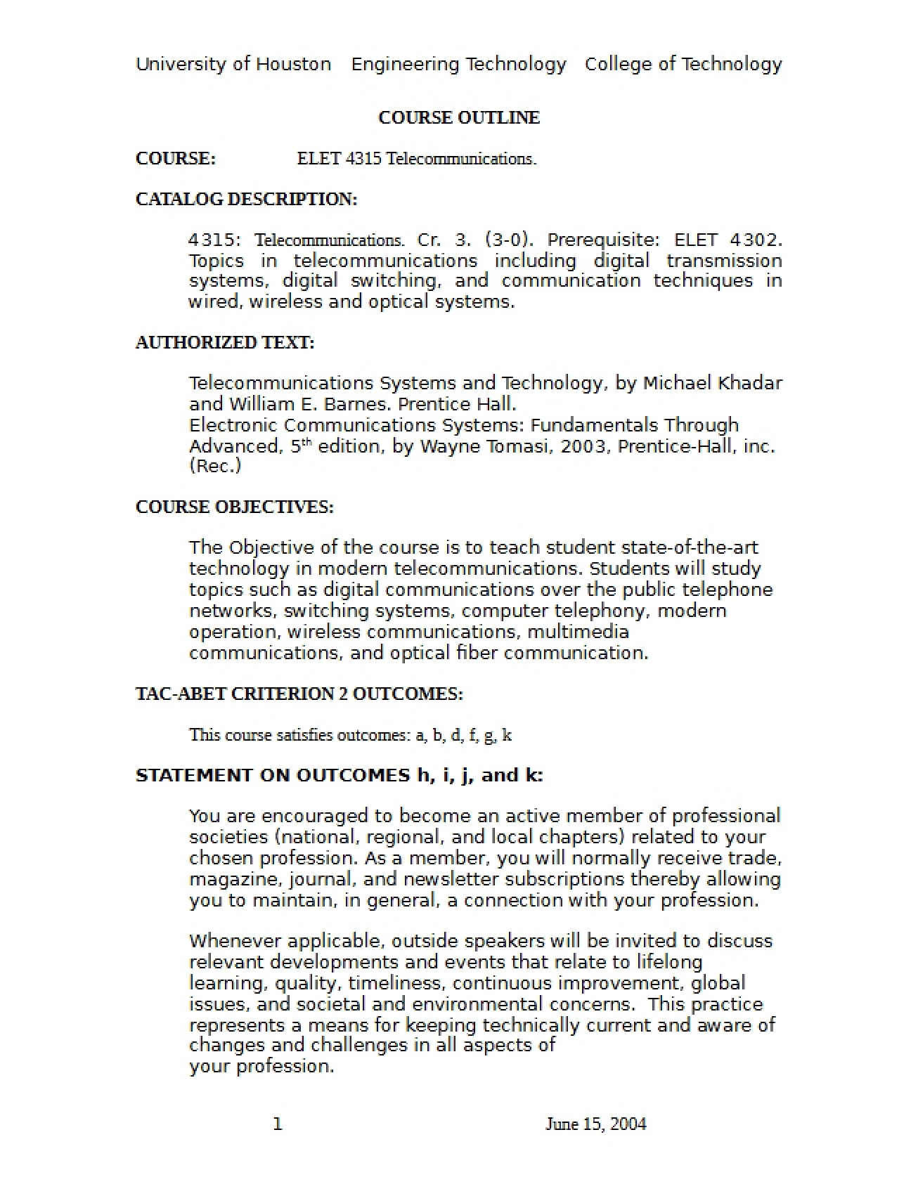 Telecommunications Syllabus