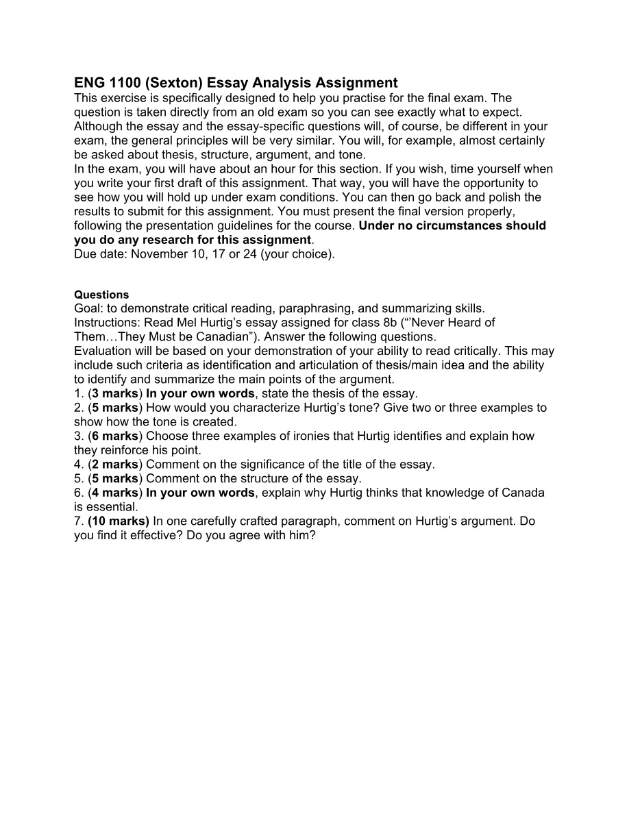 Essay Analysis Assignment - ENG 1100