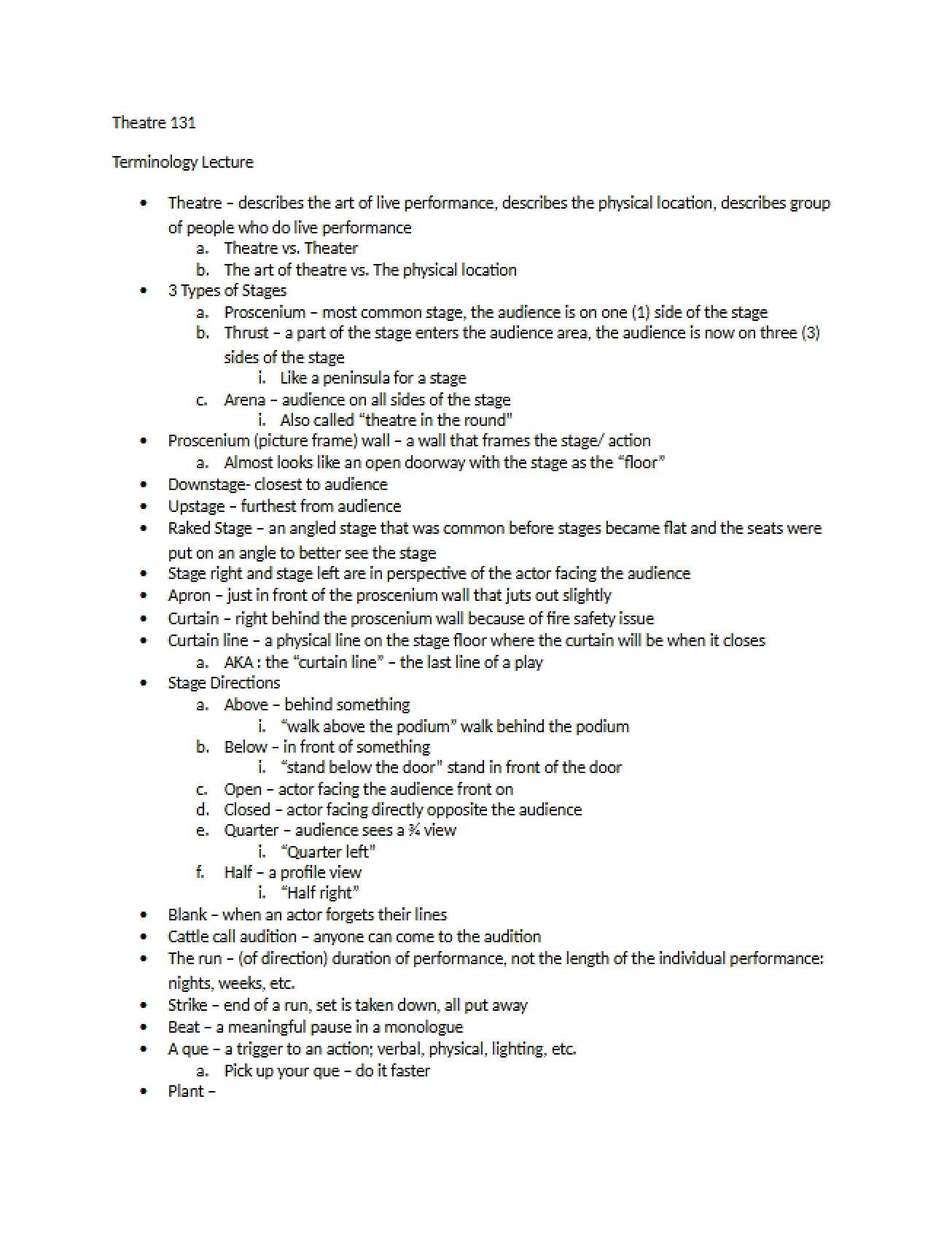 Glossary of Terminology for an Introduction to Theatre Course