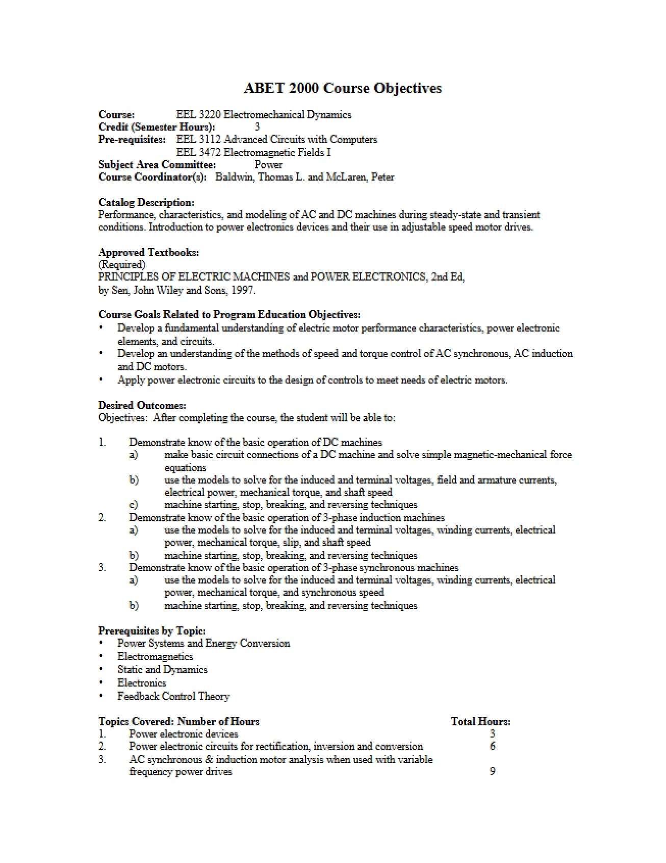 Objectives for the Electromechanical Dynamics Course