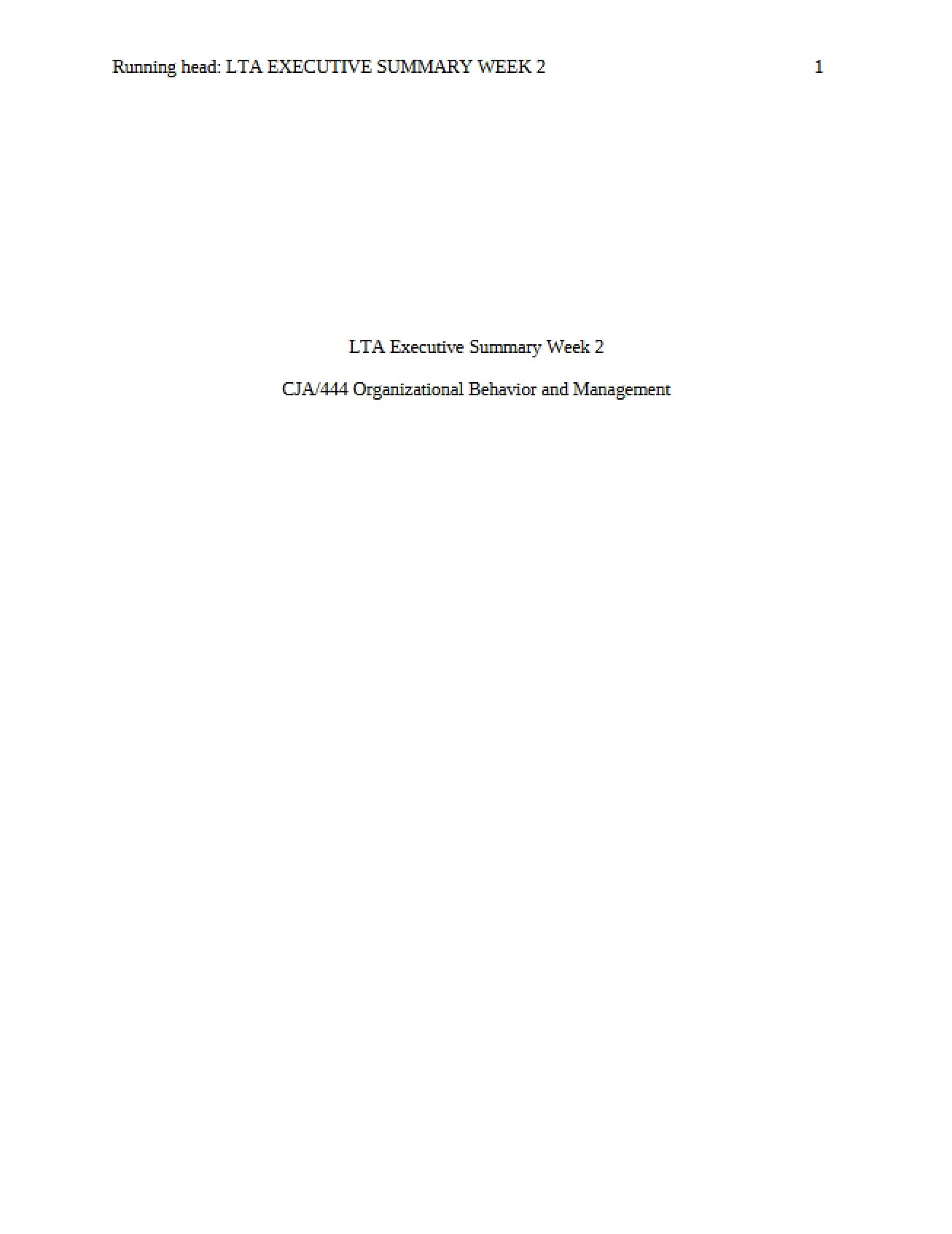Week Two Executive Summary for LTA