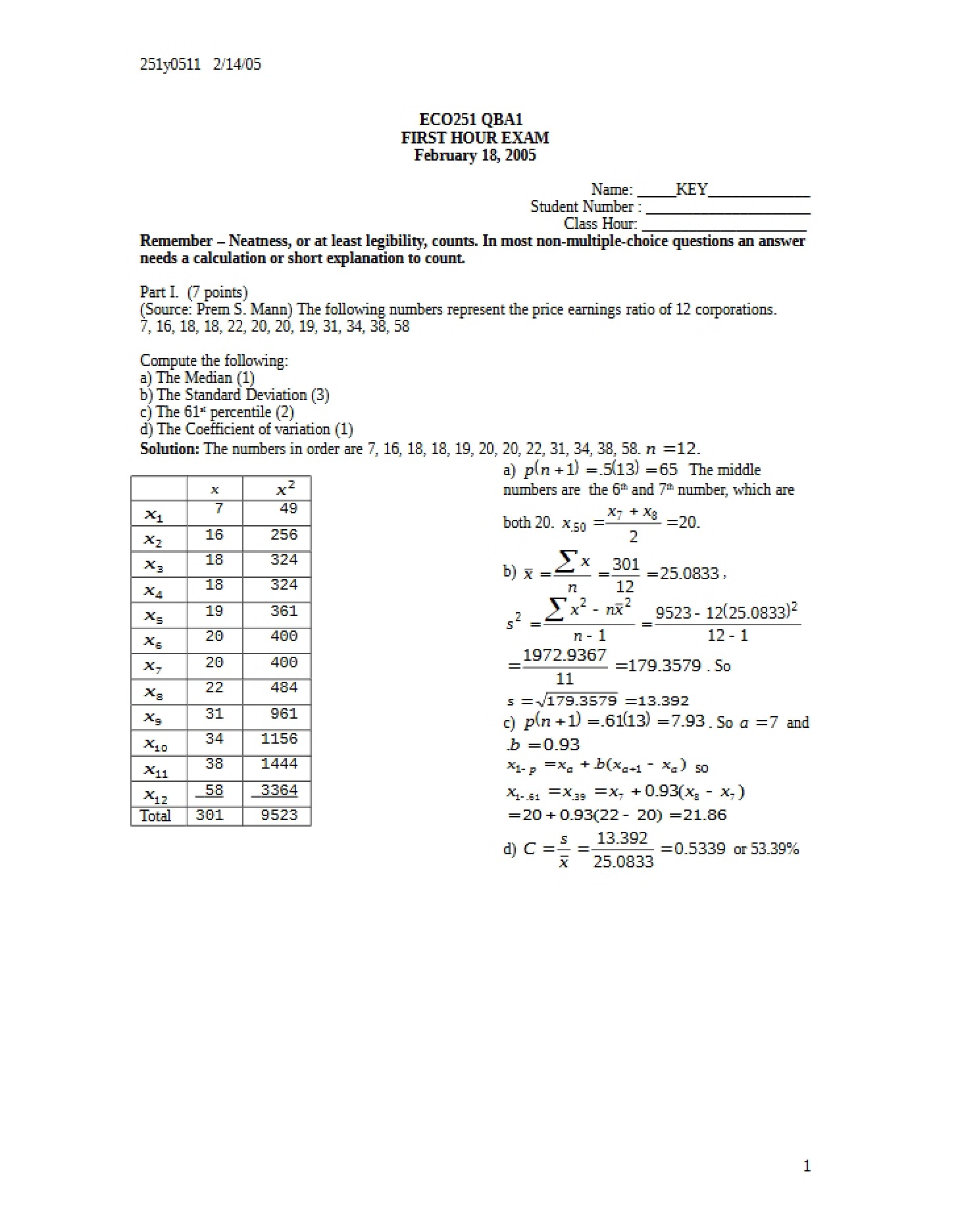 Test 1 (Hourly) ECO 251