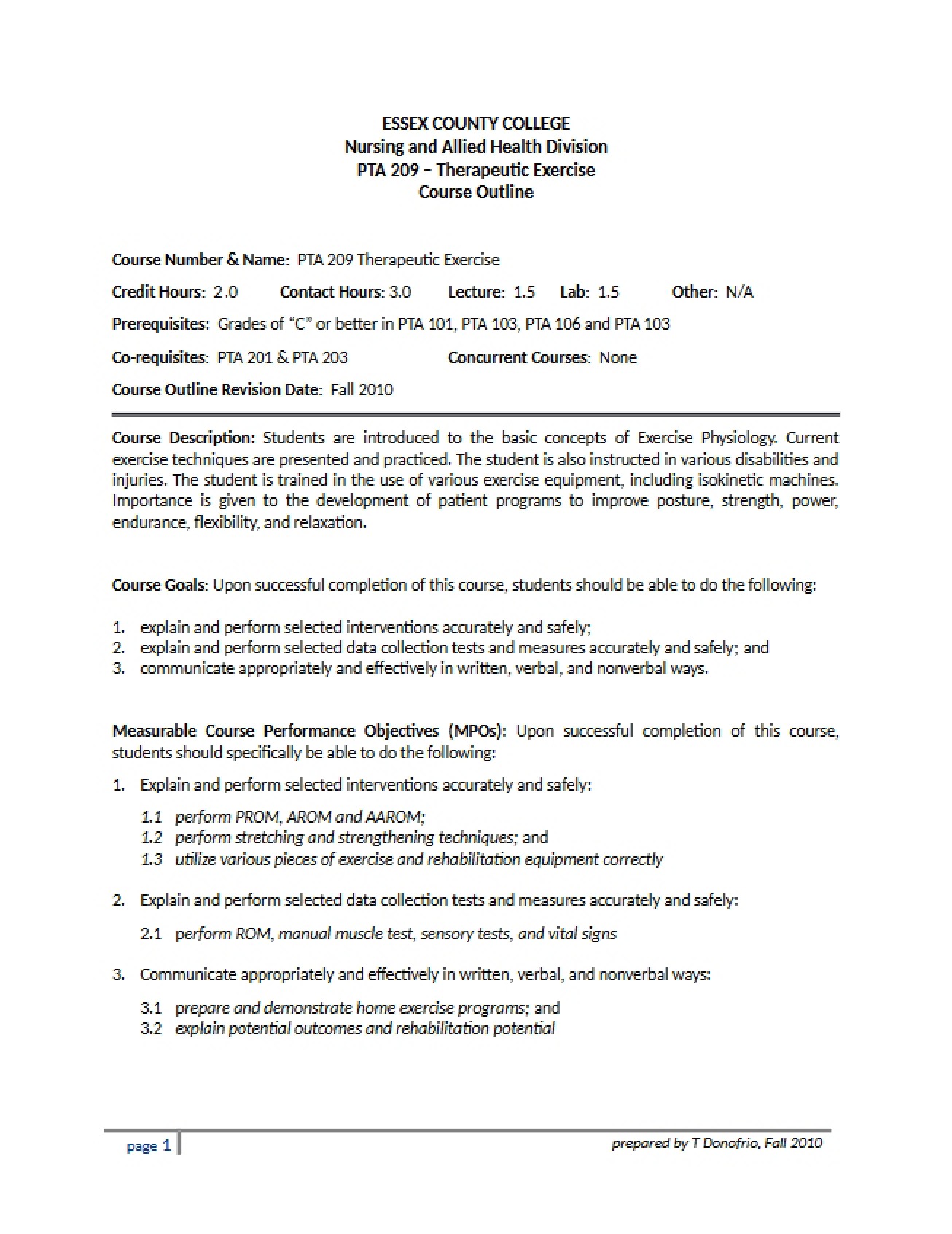Therapeutic Exercise Course Plan