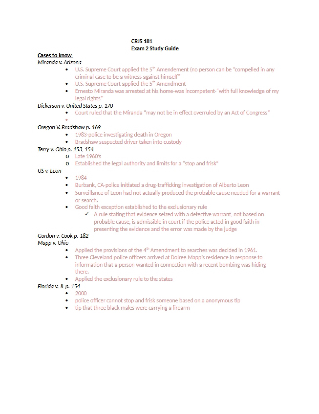 Study Guide for CRJS 181
