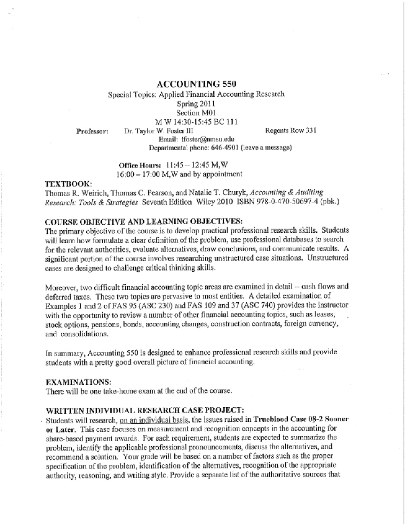 Applied Financial Accounting Research Syllabus from Spring 2011 by Dr. Taylor W. Foster III
