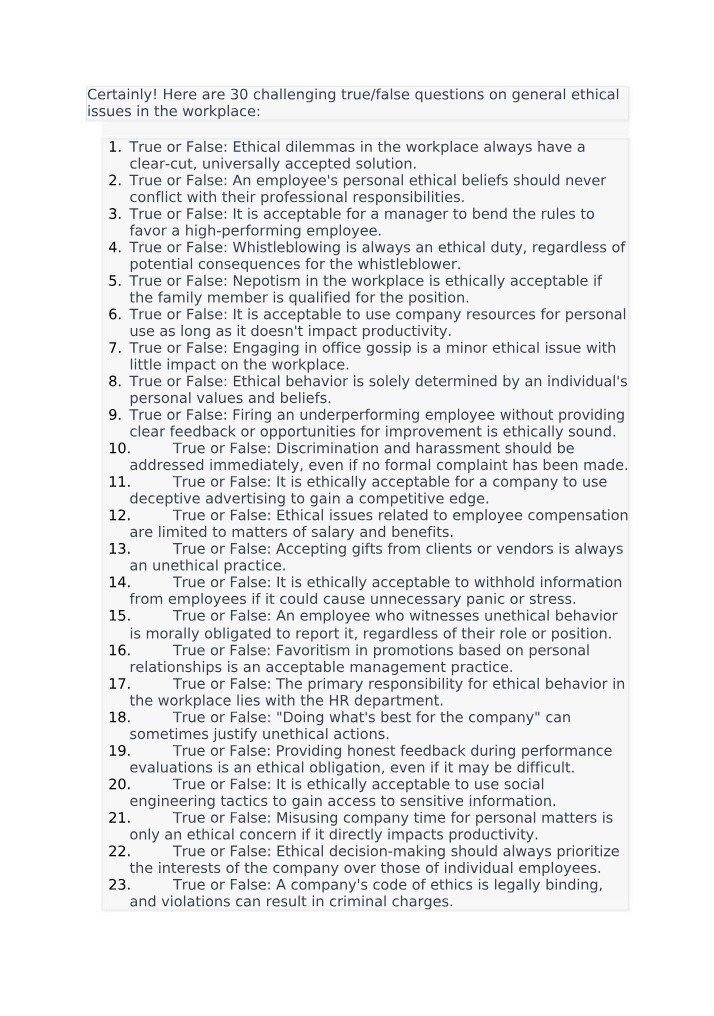Workplace Ethics - 30 Challenging True-False Questions