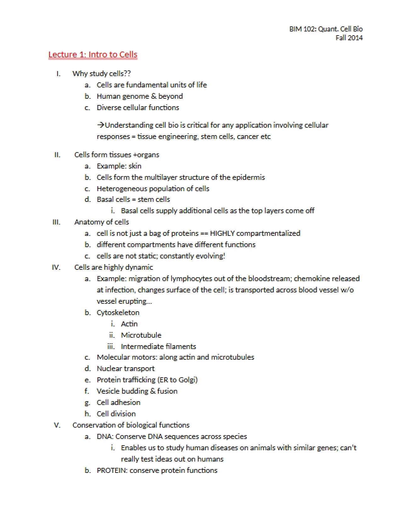 Introduction to Cells (Lecture 1)