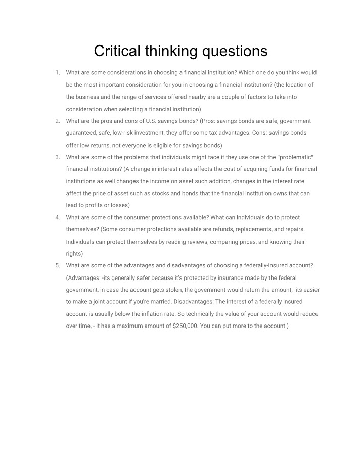 Questions for Critical Thinking