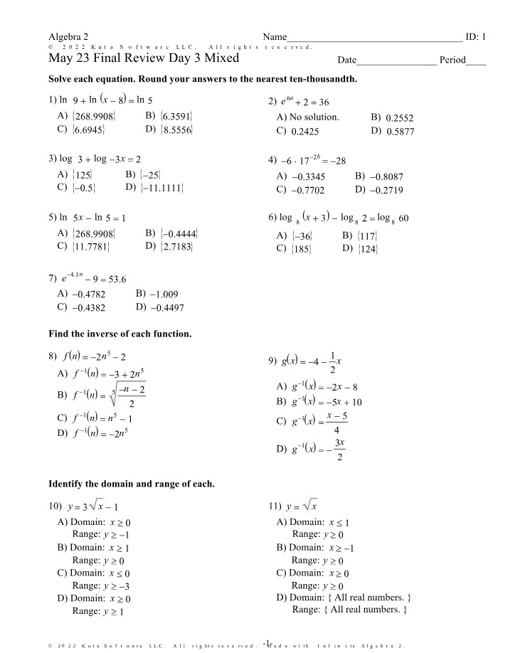 Algebra 2 - Final Review - Day 3