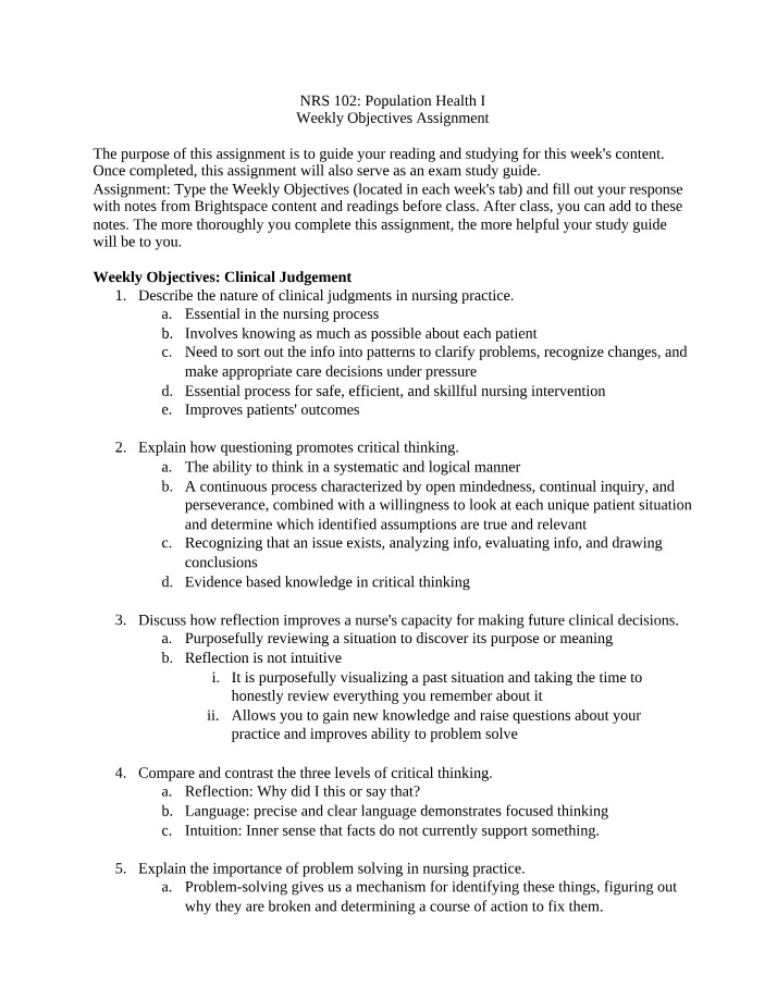 Population Health Weekly Objectives Assignment