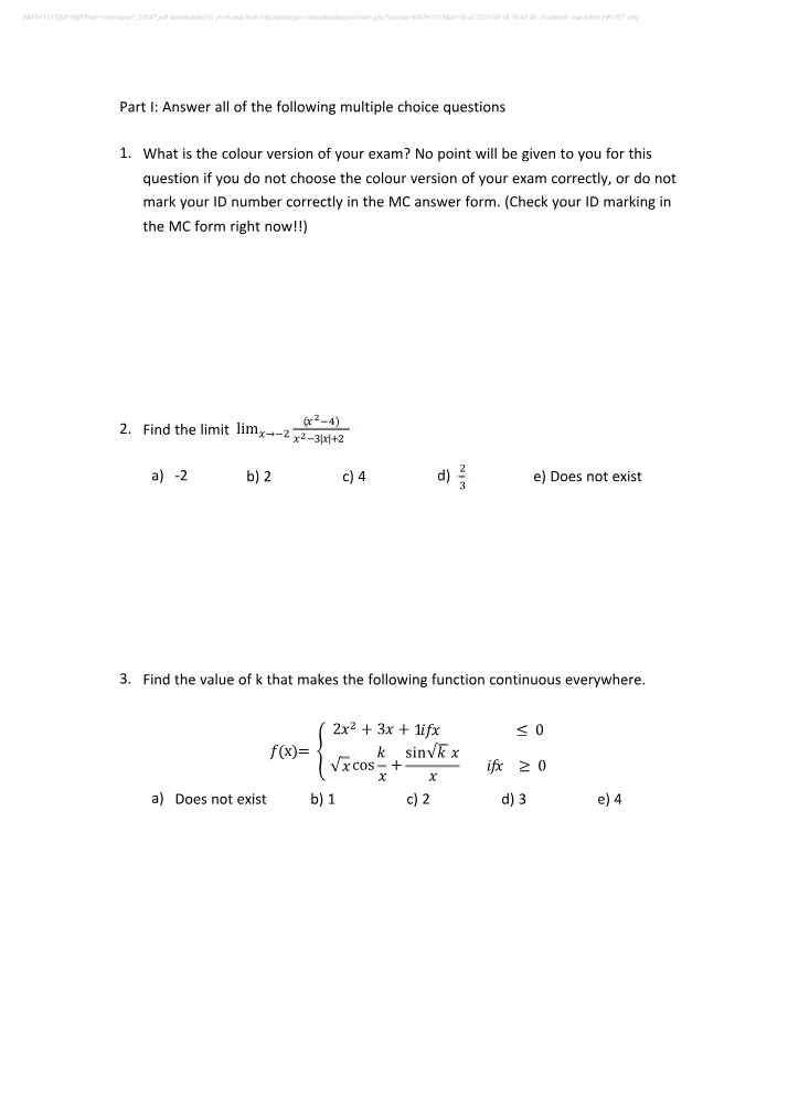 MATH1013 Final Exam 2016