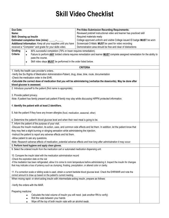 Drawing up Insulin - Complete Skill Video Checklist