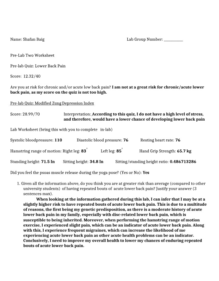 Pre-Lab Worksheet - Lower Back Pain