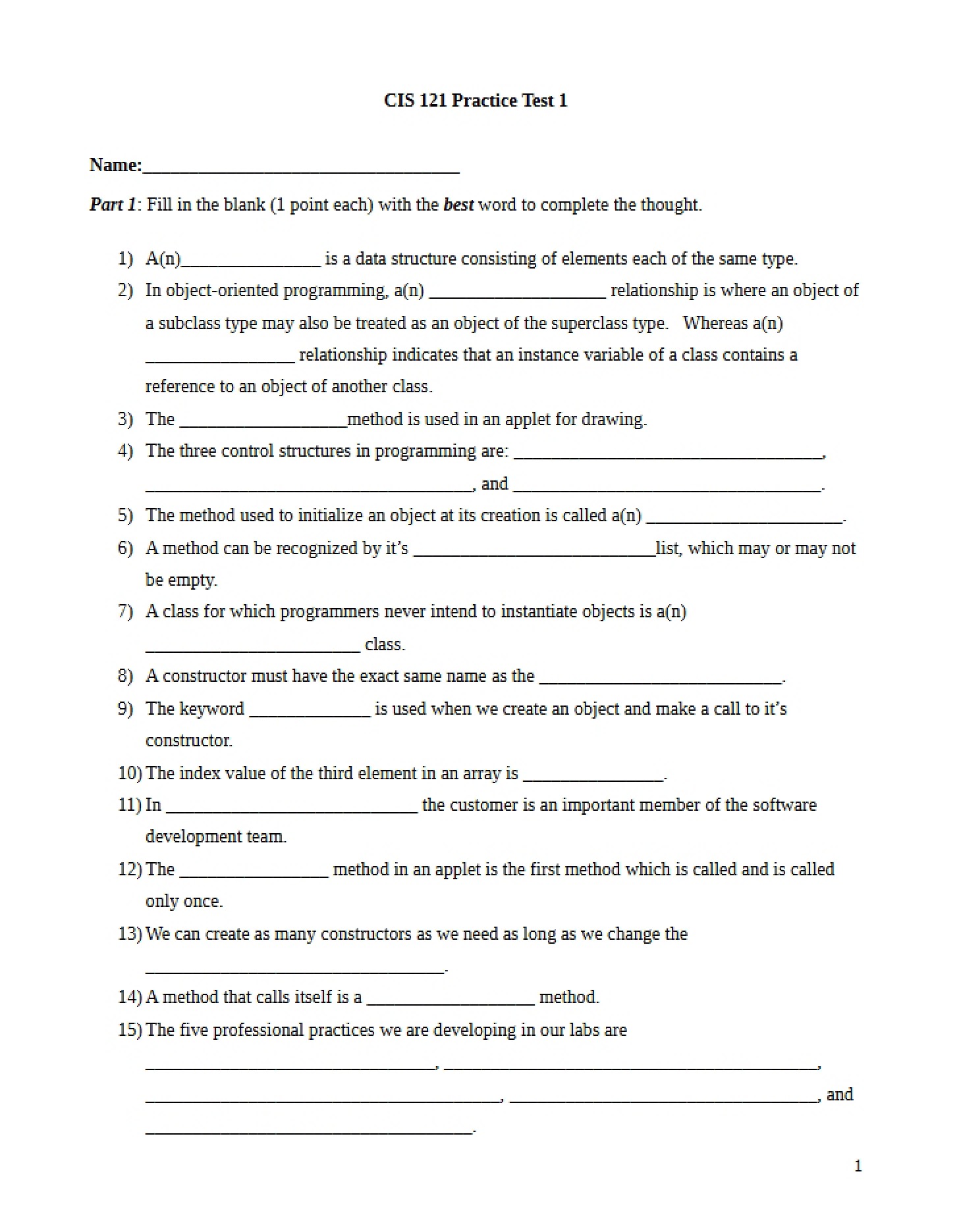 Practice Test One for CIS 121