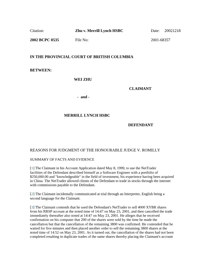 Zhu v. Merrill Lynch HSBC Case