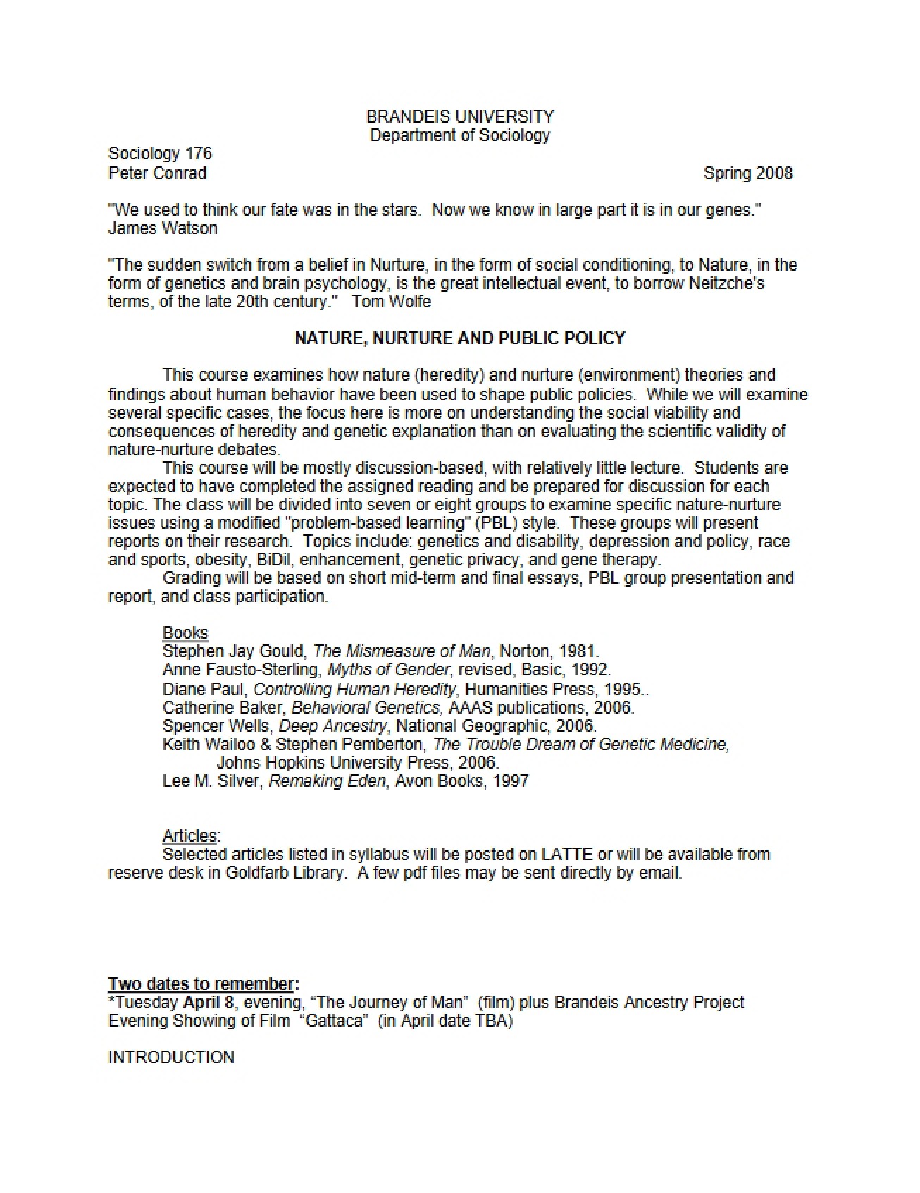 Spring 2008 Syllabus for Nature and Nurture